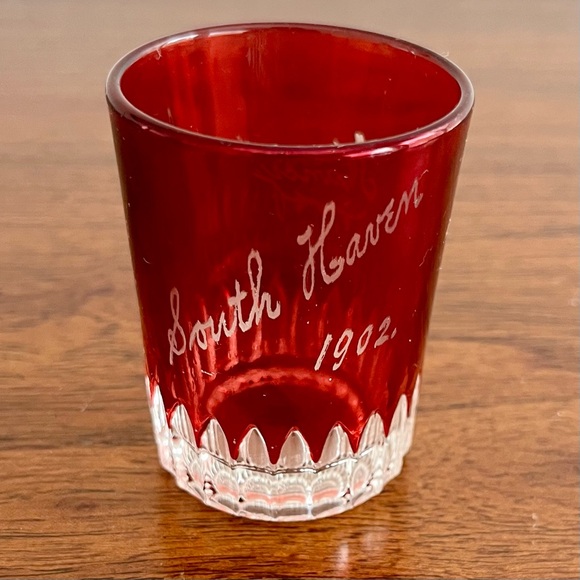 Antique Ruby Red Flash Glass Souvenir Set Of 3 Creamer & Shot Glass Early 1900s - Picture 13 of 16